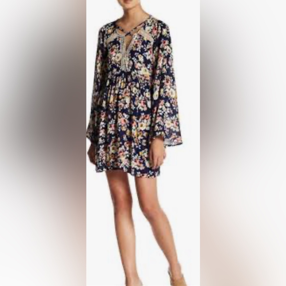 Umgee Cotton Blend Blue Yellow Floral Boho Lightweight Mini Dress- Medium
